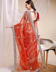 KV <b>Red</b> Organza Embellished Soild Saree With Unstitched <b>Blouse</b> - Product Image 4