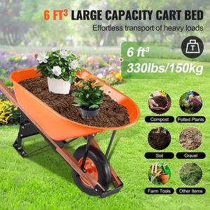 6 Cu. Carriola da Giardino con Capacità di Carico di 150 Kg, Ruota Pneumatica Larga 16 Pollici e Manico in Metallo - Product Image 3