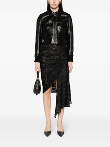 Embossed Croco <b>Leather</b> Bomber Jacket Women's <b>Short</b> Zipper Closure Turn-down Collar Full Sleeve Solid Black - Product Image 4