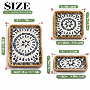 Set 3 Rectangle Rattan Mother Of Pearl Serving Tray Vietnam Manufacture Mosaic Pattern Decorative Home <b>Coffee</b> Plates Wholesale - Product Image 3