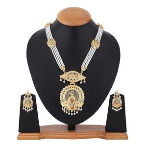 Parure de bijoux indiens plaqués or en alliage, collier et boucles d'oreilles, design ethnique doré pour femme, idéal pour mariage et soirée - Product Image 1