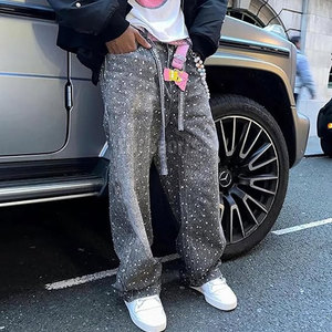Pantalon évasé pour homme grande taille 100% coton avec strass, coupe droite, léger, décontracté, taille mi-haute, pour activités de plein air et entraînement - Product Image 3