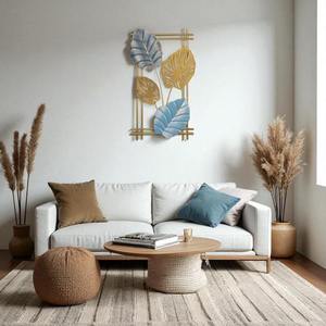Arte de pared de 3 piezas con diseño botánico de hojas metálicas en acabado dorado, plateado y azul para decoración de la sala de estar y crear un punto de foco. - Product Image 3