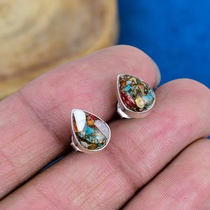Natural Spiny Blue Oyster Turquoise Pear Shape Gemstone <b>Stud</b> Earring 925 Sterling <b>Silver</b> Finish - Product Image 2