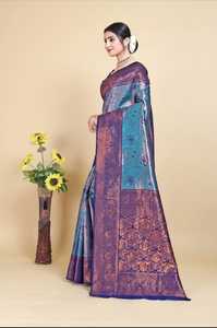 Sari indien traditionnel en soie bleu et violet avec broderie florale Zari, pour femme, idéal pour mariage et festivals, coupe classique, longueur au sol - Product Image 2