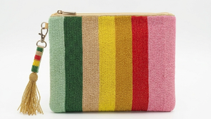 Beaded Stripe Clutch With Wrist Strap Handmade Bohemian Zipper Closure Unisex Coin Purse - Product Image 4