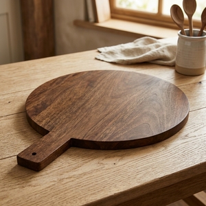 Tabla de cortar circular de teca con mango, pala de pizza de madera, bandeja decorativa artesanal para charcutería, bandeja de cocina. - Product Image 5