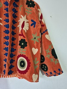Premium Orange Soft <b>Velvet</b> Suzani Embroidery <b>Jacket</b> Love & Floral Print Full Sleeve Stand Collar Boho Chic <b>Women's</b> Autumn Coat - Product Image 4