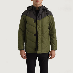 Chaqueta Acolchada con Capucha para Hombre, Diseño Color Block Verde Oliva, Cierre de Cremallera, Abrigo Grueso y Cálido para Invierno - Product Image 1