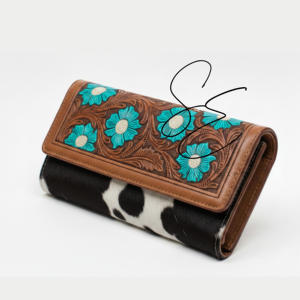 Western Style Tooled Leather <b>Wallet</b> for Women Floral Embossed Turquoise Design Cowhide Hair-on Hide Long Clutch Cowgirl <b>Wallet</b> - Product Image 1