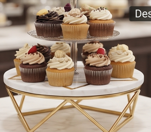Gold Plated Metal And Marble Display Stand Round Shape Geometric Design Stylish Dessert Holder For Kitchenware And Tabletop Use - Product Image 4