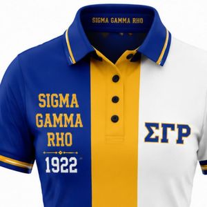 Camiseta Polo Griega Personalizada para Mujer, Sigma Gamma Rho, Tres Paneles, Azul Rey y Amarillo, Bloques de Color, Manga Corta, Ropa de Sororidad - Product Image 6