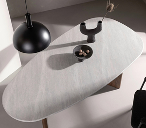 Table de salle à manger moderne de luxe, simple et haut de gamme, avec plateau ovale en marbre blanc et base en bois d'acacia massif finition marron - Product Image 6