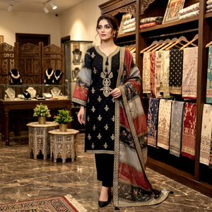 Conjunto de Kurta Tradicional Negro Bordado con Dupatta para Mujer, Estilo Indio-Pakistaní para Bodas, Corte Regular - Product Image 1