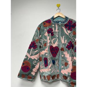 Handmade Suzani Gray <b>Velvet</b> <b>Jacket</b> Floral Embroidery Stand Collar Bohemian Full Sleeve Vintage <b>Women</b> Outerwear - Product Image 3