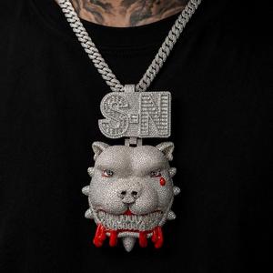 Ensemble collier et pendentif en moissanite plaqué rhodium or rose, style hip-hop pour homme, avec lettre SN et breloque tête de Pitbull - Product Image 1