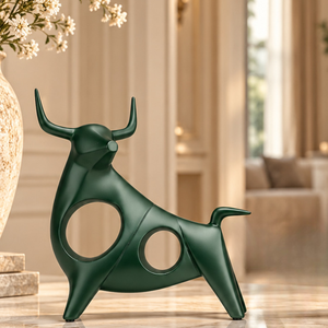 Ensemble de 2 sculptures abstraites de taureau |   Figurines de taureau vertes modernes avec cornes pour salon, bureau, console, étagère, table, décoration intérieure - Product Image 2
