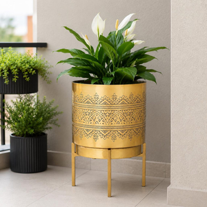 Pot de fleurs élégant gravé avec support pour plantes d'intérieur, jardinière décorative surélevée pour salon, bureau, entrée, chambre - Product Image 3