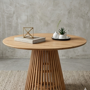 Premium <b>Solid</b> Teak <b>Wood</b> <b>Round</b> <b>Dining</b> <b>Table</b> Slatted Base Handcrafted Eco Friendly Modern Living Room Furniture - Product Image 5