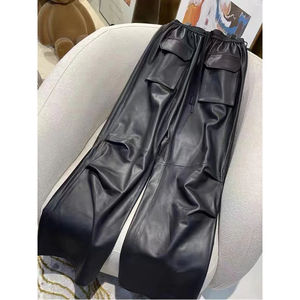 Pantalon en cuir véritable pour femme, coupe droite, en peau de mouton, style cargo, noir, élégant, printemps-automne - Product Image 2