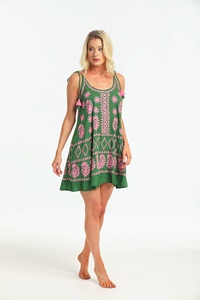 Tunique de broderie de point de chaîne courte de femme bohème traditionnelle Hippie Boho moyen-orient ourlet à volants robe d'été taille naturelle pour - Product Image 2