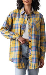 Wholesale Womens Oversized Plaid Flannel Shirt Long Sleeve Button Down Shacket Dark Green Beige <b>Checkered</b> Casual Loose Fit Blous - Product Image 4