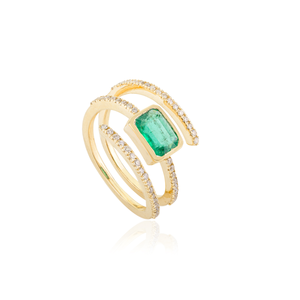 14K Solid Gold Octagon Emerald and Diamond Spiral Ring for Women - Product Image 4