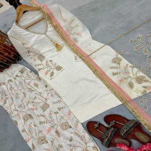 Conjunto de Kurta y Palazzo VASTRA COTTAGE con Bordado Satinado y Lentejuelas, Dupatta de Seda Organza Suave con Borde de Encaje, para Fiestas - Product Image 5