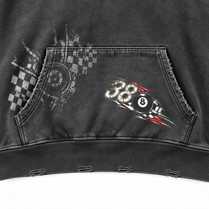 Sweat-shirt court à capuche pour homme, noir, streetwear, coupe oversize, avec poche, logo flamme imprimé, sérigraphie, en coton French Terry - Product Image 4