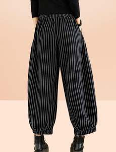 Women's High Waisted Striped <b>Harem</b> Pants Cotton Bamboo Fiber Loose Fit Ankle Length Elastic Waist Casual Autumn <b>Trousers</b> - Product Image 6