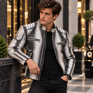 <b>Men's</b> <b>Red</b> Black Snake-Embossed Genuine <b>Leather</b> Cow Skin Winter Stand Breathable Vintage Streetwear Biker Motorcycle <b>Jacket</b> - Product Image 6