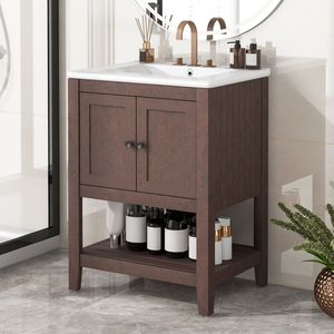 Mobile Bagno Moderno Elegante Marrone da 24 Pollici con Lavabo in Ceramica, Struttura in Legno Massello e Ripiano Aperto (Videoprodotto) (Vecchio SKU JL000004AA) - Product Image 3