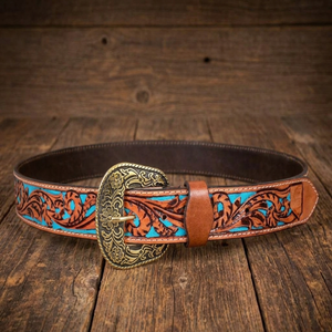 Latest Design Hand Carving and Painting Top Grain Western Leather Tooling <b>Belt</b> for Men and <b>Women</b> with Floral Brass Buckle - Product Image 2