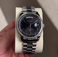 Montre de plongée sport analogique pour homme 41 mm avec logo, date, pierres, bracelet en cuir noir et acier inoxydable, mouvement SEIKO