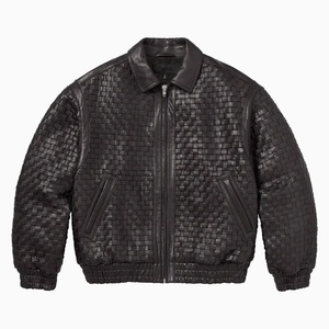 Blouson Bomber en Cuir PU Tressé Noir pour Homme, Col Rabattu, Fermeture Éclair, Style Moto Biker, Vêtement d'Automne - Product Image 1