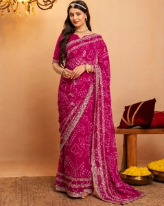 Sari de Georgette Bandhani Reversible Bordado de Secado Rápido y Sin Arrugas para Mujer KV (Rosa Dorado) para Bodas y Fiestas de Otoño - Product Image 6