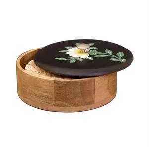 Handcrafted Wooden Bread Box Painted Floral Lid Round Casserole <b>Container</b> Kitchen <b>Food</b> Storage Box - Product Image 1