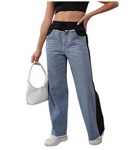 TRIBON SPORTS Jeans de mezclilla de mujer de talle alto, pierna recta, lavado a la piedra, con rayas laterales en contraste, corte regular, longitud completa, casual - Product Image 1