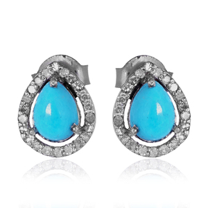 ต่างหูเพชรแท้ทรงลูกแพร์ประดับเทอร์ควอยซ์ ชุบเงินแท้ 925 แบบกดติด ทำด้วยมือ งานละเอียด ขายส่ง - Product Image 1