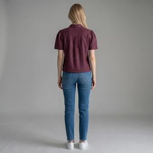 Vintage Rayon Crop Shirt Women Casual Oversized Breathable Pinstripe <b>Maroon</b> - Product Image 3