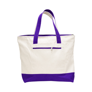 Sac fourre-tout en toile crème avec base violette, fermeture éclair, poignée en corde, poche avant, impression personnalisée, prêt pour la vente en gros, promotionnel, plage, gym, shopping - Product Image 1