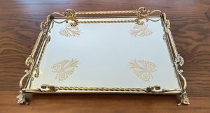 Rectangular Gold Plated <b>Mirror</b> <b>Tray</b> With Ornate Scroll Design Classic Style For Table Use - Product Image 1
