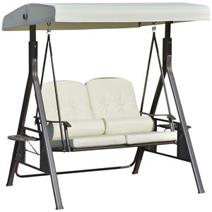 Dondolo da Esterno Beige per 2 Persone con Tettuccio Regolabile e Vassoio Imbottito per Relax a Bordo Piscina - Product Image 1