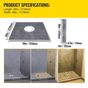 Kit Moderno per Doccia Impermeabile 48x48 Pollici con Flangia Centrale in PVC da 4 Pollici e Griglia in Acciaio Inox da 4 Pollici con 2 Tagli Sovrapposti - Product Image 3