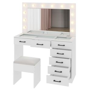 Large Lighted 12 LED Mirror <b>Makeup</b> <b>Vanity</b> Desk Set with 7 Drawers Glass Top Power Outlet-Elegant <b>Vanity</b> Table - Product Image 5