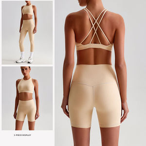 Modern women yoga set <b>black</b> and blue color combination crop top with shorts seamless activewear outfit - Product Image 6