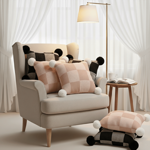 SOGA 6-Piece Cozy Checkerboard Knit Pillowcase Set Modern Black Gray Gingham Pom Poms Comfortable Seat <b>Cushions</b> Pillow <b>Covers</b> - Product Image 1