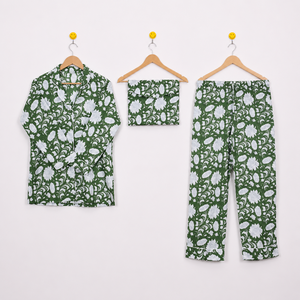 Ensemble de pyjama pour femmes 100% coton, imprimé floral, vêtements de nuit tissés, vêtements de détente, pyjama trois pièces - Product Image 1