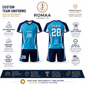 Ensemble maillot et short de football personnalisé Romaa Apparel Co. bleu ciel, marine et blanc, col en V, anti-humidité, unisexe, pour adultes, tenue d'équipe OEM - Product Image 4