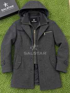 Manteau long en laine mélangée pour homme avec capuche, col à revers cranté, fermeture éclair, longueur genou, épais, pour l'hiver - Product Image 6